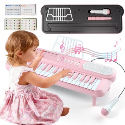 Pink Keyboard Piano for 1 2 Year Old Girl,Baby Piano for Toddler 1-3,with Microphone&DIY Stickers&Sheet Music,Birthday Gift for Kids